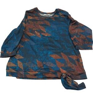 Christopher & Banks M Blue Brown Geometric Tie-Hem Top